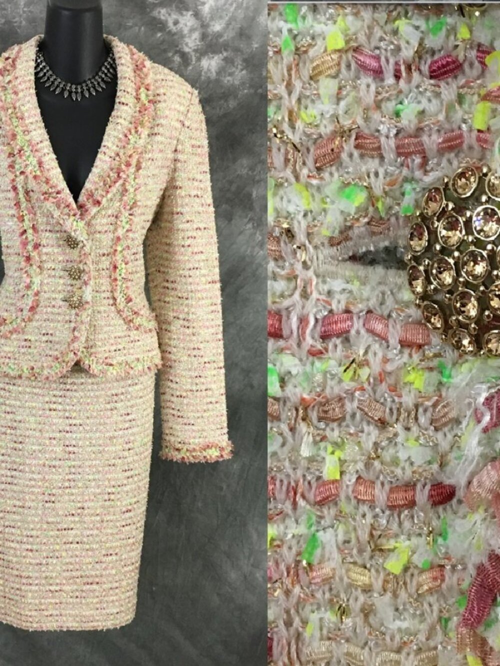 NWT NEW St John couture pink green white multi jacket skirt suit size 8